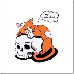 red orange cat sleeping on the vampire skull Posters and Art